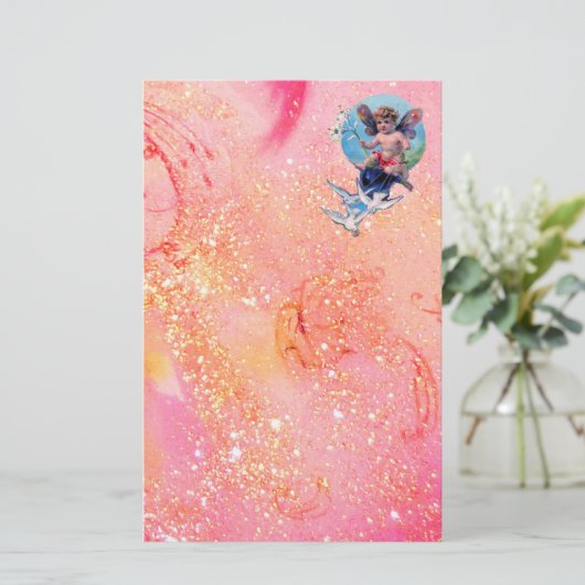 BABY MET DOVES IN SPARKLES, roze goud Briefpapier (Staand voorkant)