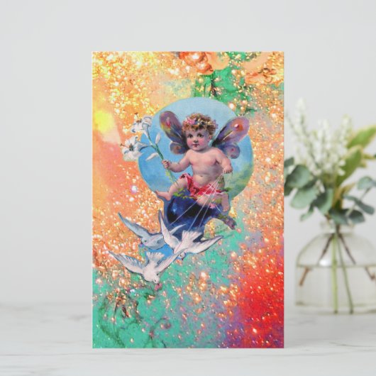 BABY MET DOVES IN SPARKLES roze groen goud Briefpapier (Staand voorkant)