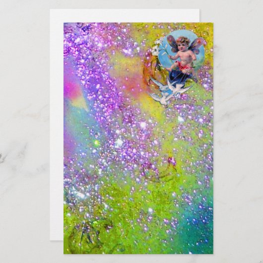 BABY MET DOVES IN SPARKLES, violet groen Briefpapier (Voorkant / Achterkant)