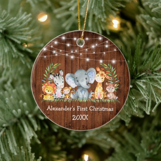 Baby met eerste kerstdag veldlust Safari Animals Keramisch Ornament (Boom)