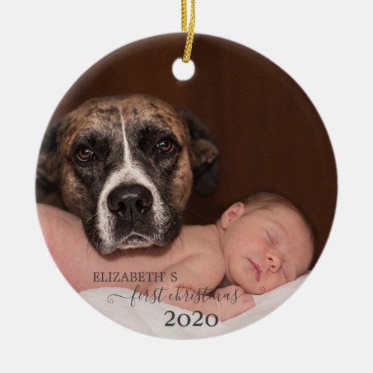 Baby met hond, eerste Kerstmis, foto Keramisch Ornament (Voorkant)