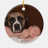 Baby met hond, eerste Kerstmis, foto Keramisch Ornament (Achterkant)