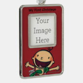 Baby met kerstcadeautjes verzilverd omlijst ornament (Rechts)