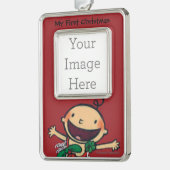 Baby met kerstcadeautjes verzilverd omlijst ornament (Links)