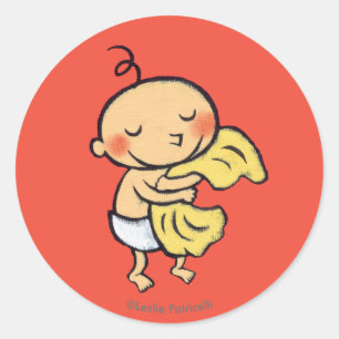 Baby met zachte gele tas ronde sticker