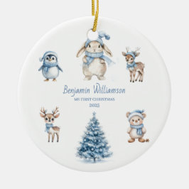 Baby Mijn 1e Kerstmis Aangepast Woodland Blauw Keramisch Ornament