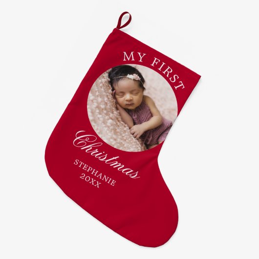 Baby Mijn eerste kerst aangepaste foto rood Grote Kerstsok (Voorkant (Hangend))