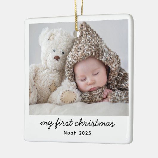 Baby Mijn eerste kerstfoto moderne scriptnaam Keramisch Ornament (Links)