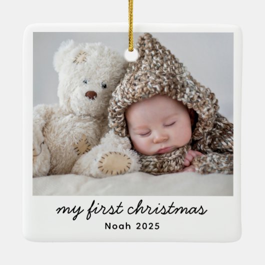 Baby Mijn eerste kerstfoto moderne scriptnaam Keramisch Ornament (Achterkant)