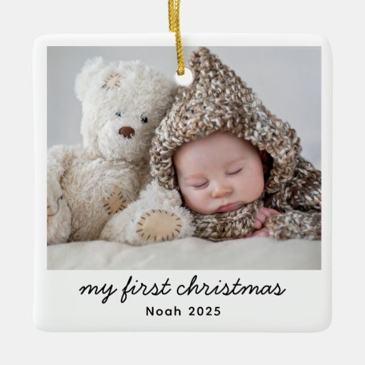 Baby Mijn eerste kerstfoto moderne scriptnaam Keramisch Ornament (Voorkant)