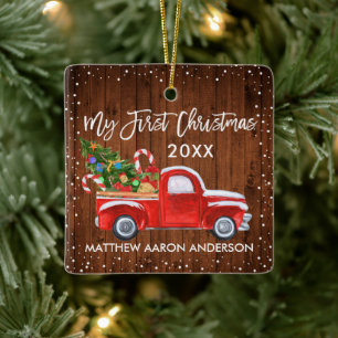 Baby Mijn eerste kersthout Red Truck Snow Keramisch Ornament