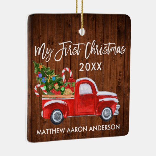 Baby Mijn eerste kersthout Rood vrachtsnoepjes Keramisch Ornament (Rechts)