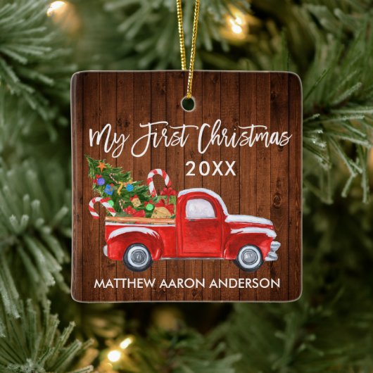 Baby Mijn eerste kersthout Rood vrachtsnoepjes Keramisch Ornament (Boom)