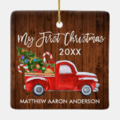 Baby Mijn eerste kersthout Rood vrachtsnoepjes Keramisch Ornament (Achterkant)