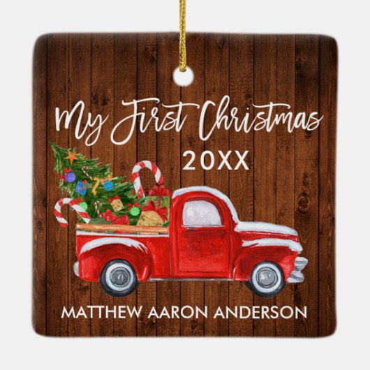 Baby Mijn eerste kersthout Rood vrachtsnoepjes Keramisch Ornament (Achterkant)