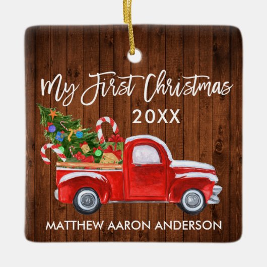 Baby Mijn eerste kersthout Rood vrachtsnoepjes Keramisch Ornament (Voorkant)