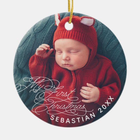 Baby Mijn Eerste Kerstmis Aangepaste Tekst Foto El Keramisch Ornament (Voorkant)