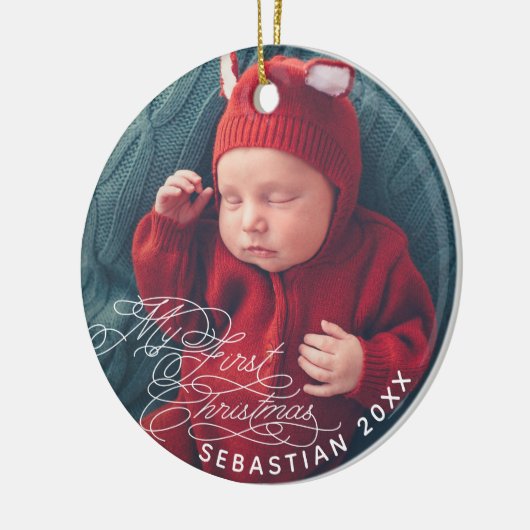 Baby Mijn Eerste Kerstmis Aangepaste Tekst Foto El Keramisch Ornament (Links)