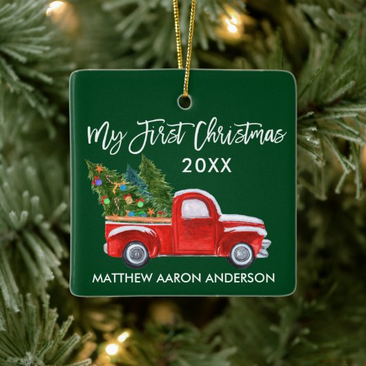 Baby Mijn eerste Kerstmis Red Truck Green Keramisch Ornament (Boom)