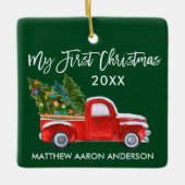 Baby Mijn eerste Kerstmis Red Truck Green Keramisch Ornament (Voorkant)