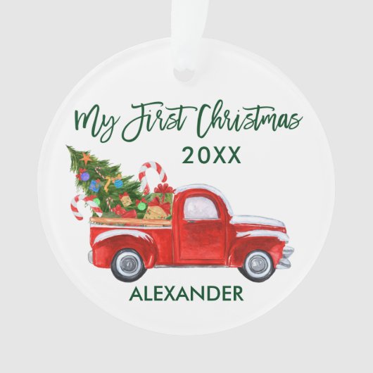 Baby Mijn eerste Kerstmis Rode Vrachtwagen Groen S Ornament (voorkant)