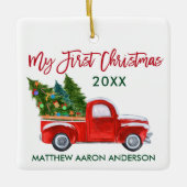 Baby Mijn eerste Kerstmis  Truck Red Green Keramisch Ornament (Voorkant)