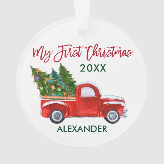 Baby Mijn eerste Kerstmis  Truck Red Green Ornament (achterkant)