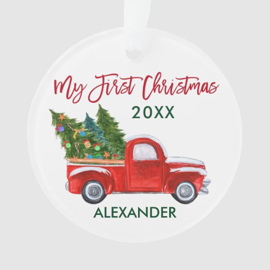 Baby Mijn eerste Kerstmis Truck Red Green Ornament (voorkant)