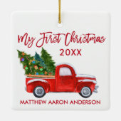 Baby Mijn eerste Kerstmis  Truck Red Keramisch Ornament (Achterkant)