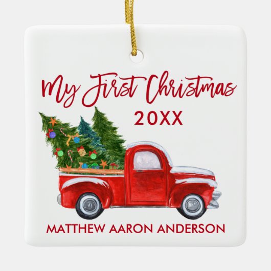 Baby Mijn eerste Kerstmis  Truck Red Keramisch Ornament (Voorkant)