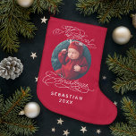 Baby Mijn eerste kersttekst Aangepaste tekst Foto  Grote Kerstsok<br><div class="desc">Donkerrood ontwerp met  typografische Merry-kersttekst. Persoonlijke foto en tekst. Ontdek meer elegante xmas creaties in mijn winkels op Zazzle!</div>