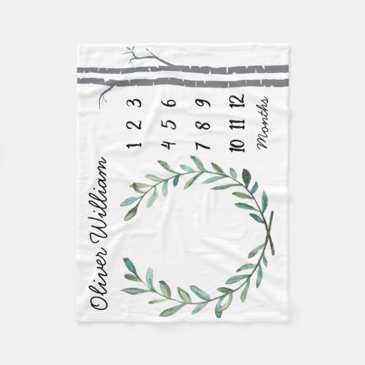 Baby milestone Blanket Birch Trees and Wreate Fleece Deken (Voorkant)