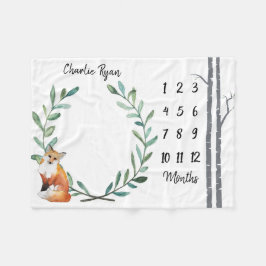 Baby Milestone Blanket Fox Wreath and Birch Trees Fleece Deken