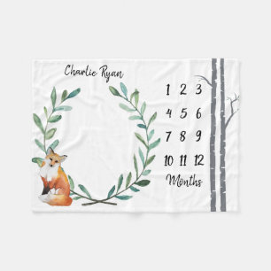 Baby Milestone Blanket Fox Wreath and Birch Trees Fleece Deken
