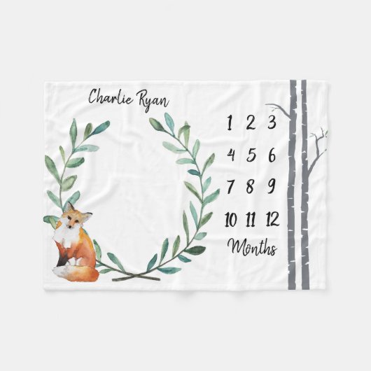 Baby Milestone Blanket Fox Wreath and Birch Trees Fleece Deken (Voorkant (Horizontaal))