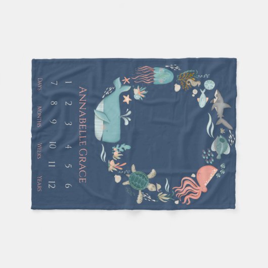Baby Milestone Ocean Animal Wreate Fleece Deken (Voorkant (Horizontaal))