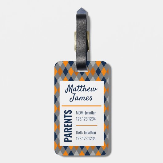 Baby Miner Oranje Navy Argyle Pattern Bag Label Bagagelabel (Achterkant verticaal)