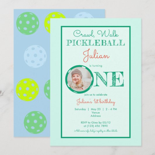 Baby Mint Green Crawl Walk Pickleball 1e Verjaarda Kaart (Voorkant / Achterkant)