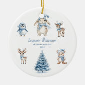 Baby M'n Eerste Kerstmis Op Maat Bos Blauwe Keramisch Ornament (Voorkant)