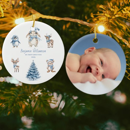Baby M'n Eerste Kerstmis Op Maat Bos Blauwe Keramisch Ornament