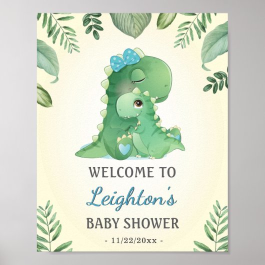 Baby Momma Dinosaurs Blue Baby Shower Welkom Poster (Voorkant)