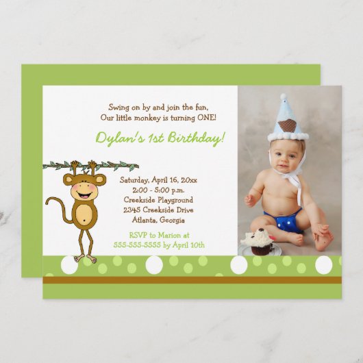 Baby Monkey Boys Foto Birthday Invitations Kaart (Voorkant / Achterkant)