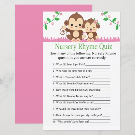 Baby Monkey-kinderrijmpjesquiz baby shower-spel (Voorkant / Achterkant)