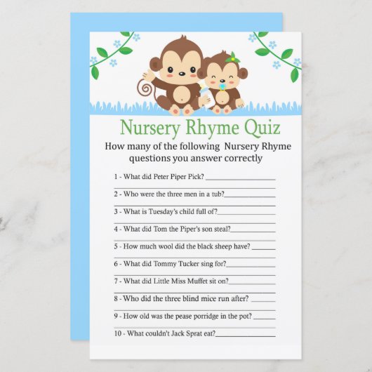 Baby Monkey Nursery Rhyme Quiz baby shower game (Voorkant / Achterkant)
