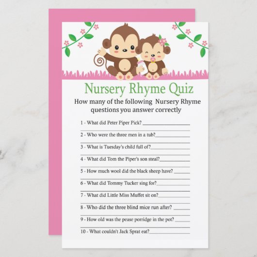 Baby Monkey Nursery Rhyme Quiz baby shower game (Voorkant / Achterkant)