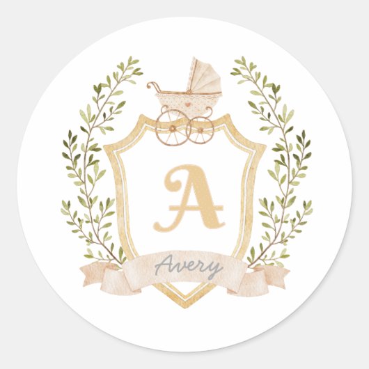 Baby Monogram A | Neutrale geboorte Announcem Ronde Sticker (Voorkant)