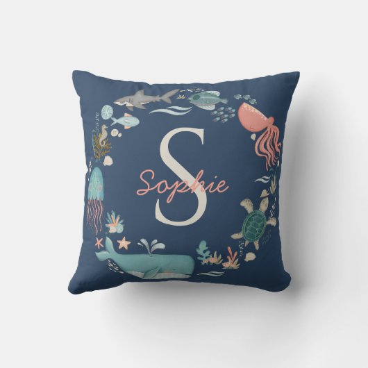 Baby monogram blauw onder de Zee octopus Kussen (Achterkant)