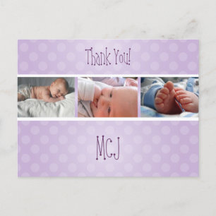 Baby monogram dank je, polka dots aankondigingskaart