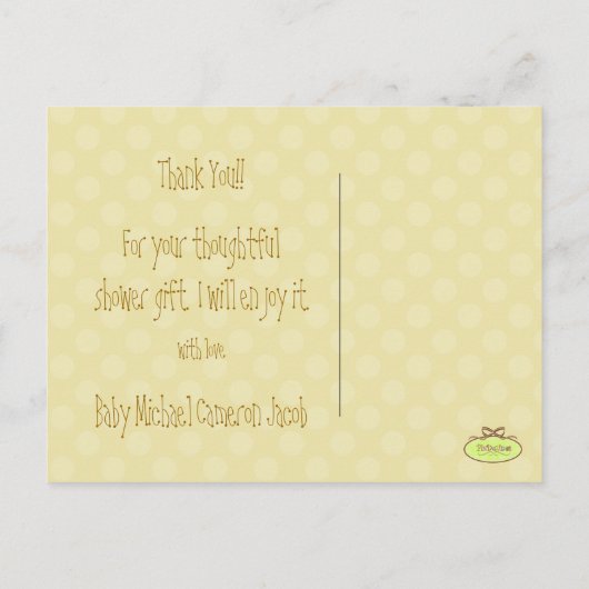 Baby monogram dank je, polka dots aankondigingskaart (Achterkant)