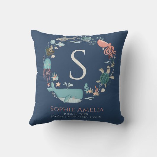 Baby Monogram Geboorte Stats Blauw Onder Het Zee Kussen (Achterkant)